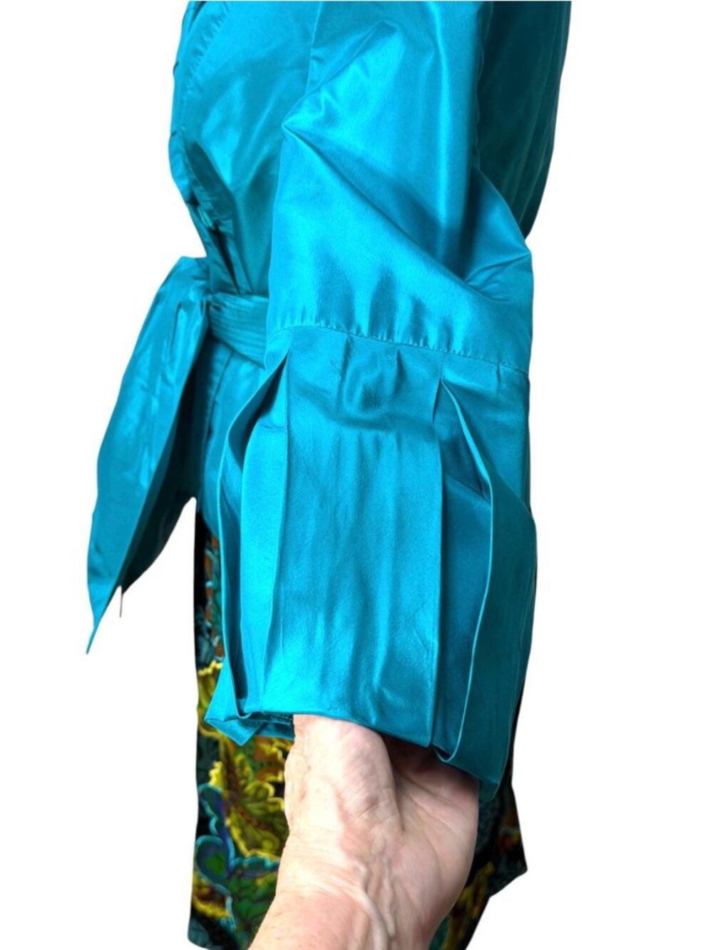 Vintage CARLISLE Teal Silk Dupioni Wrap Jacket /Evening Blouse w/ Ruched Collar - Picture 5 of 11